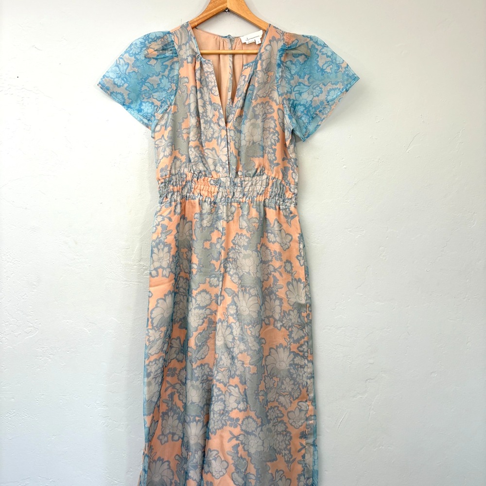 Anthropologie Somerset Jumpsuit Organza Women Size Medium Blue Lace Peach